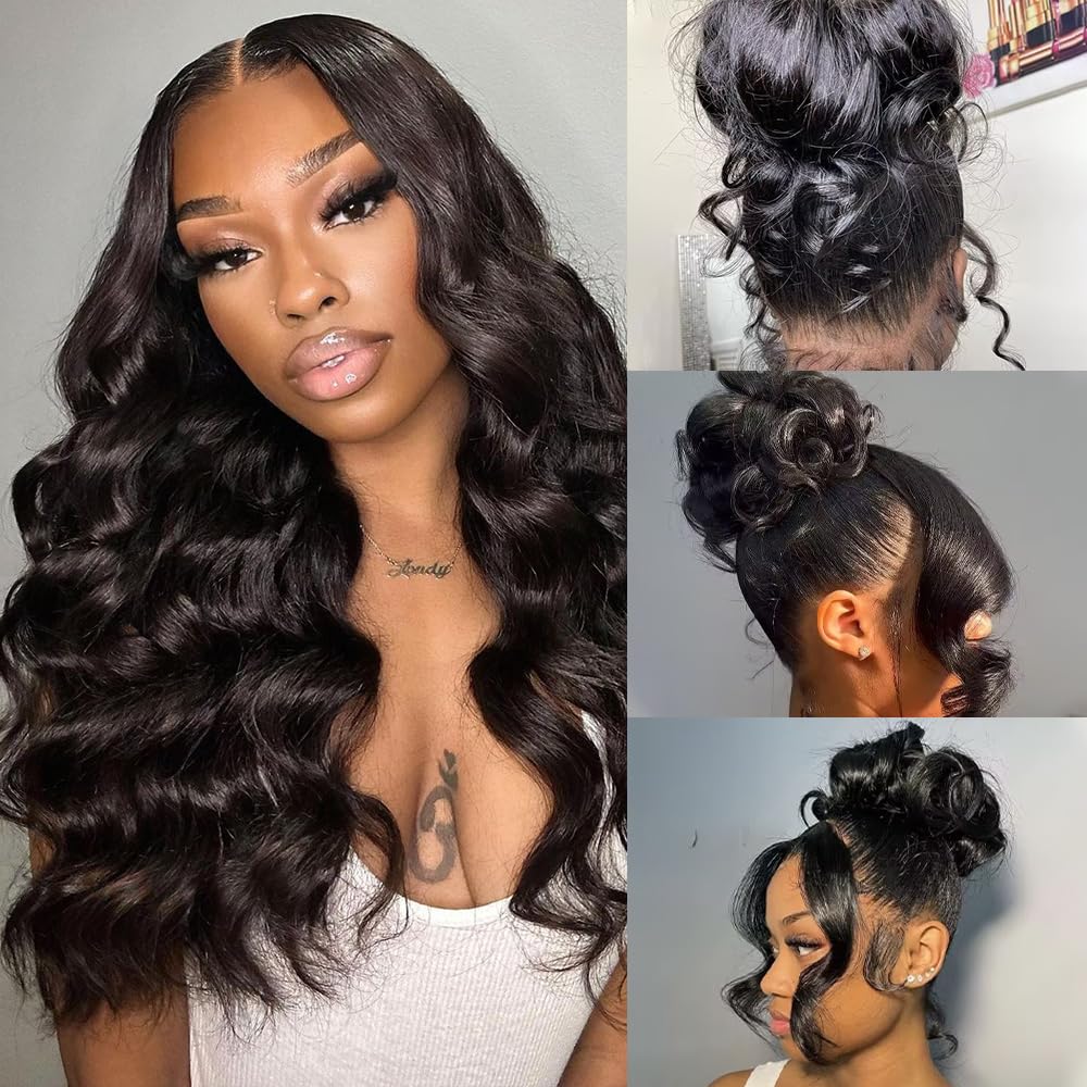 360 Lace Front Wigs Human Hair Body Wave 200% Density 20 Inch Upgraded Hidden Straps 360 HD Full Lace Wigs Human Hair With Drawstring Pre Plucked With Baby Hair for Women Natural Black
